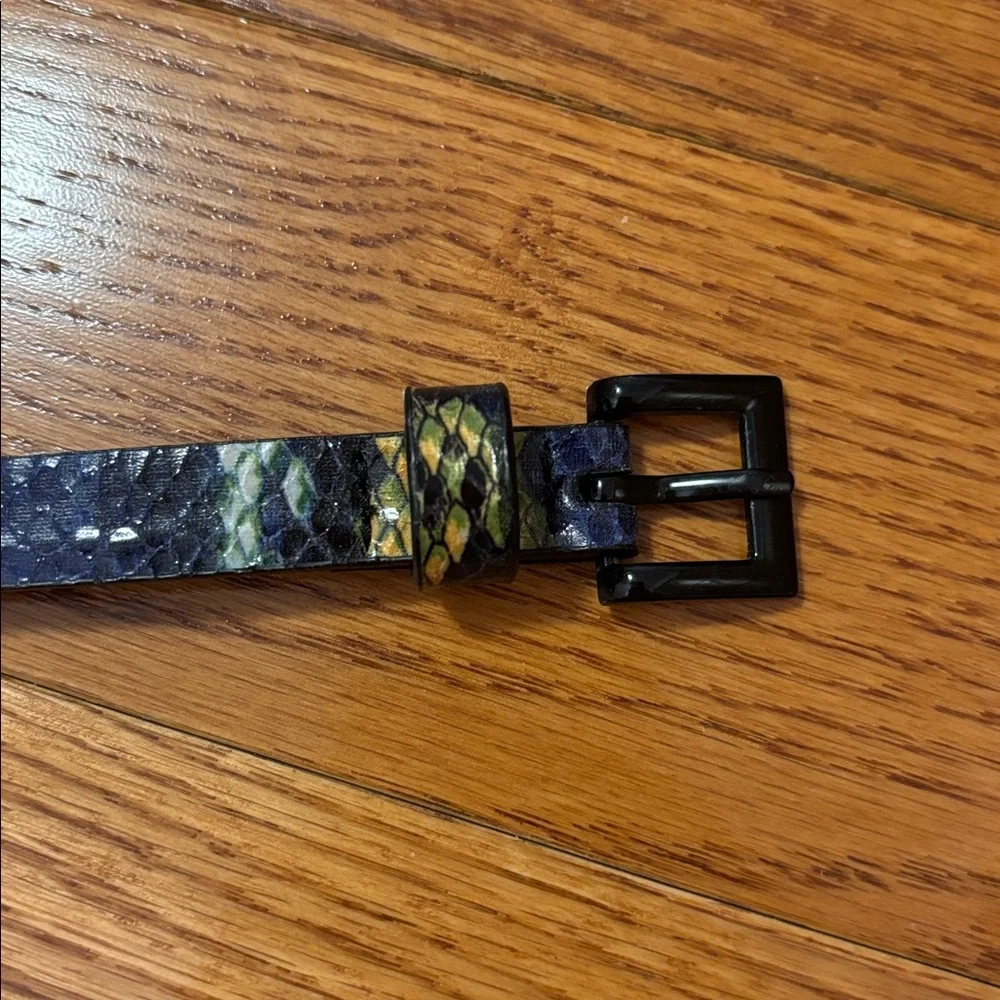 Joe Fresh Snake Print Belt Small Blue Green Yellow Vegan Leather Classic Thin